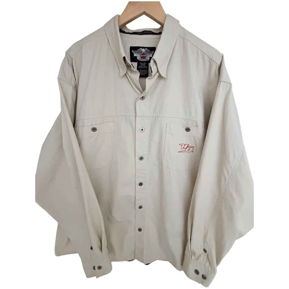Harley Davidson Mens 2XL Button Front Shirt Beige Graphic Back Cotton Motorcycle